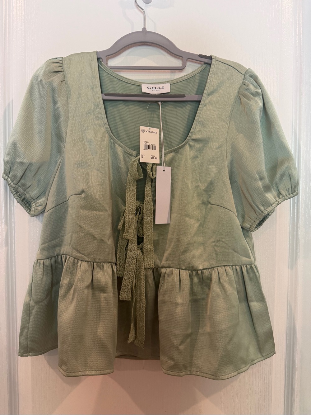 Gilli Light Sage Tie-Front Peplum Blouse